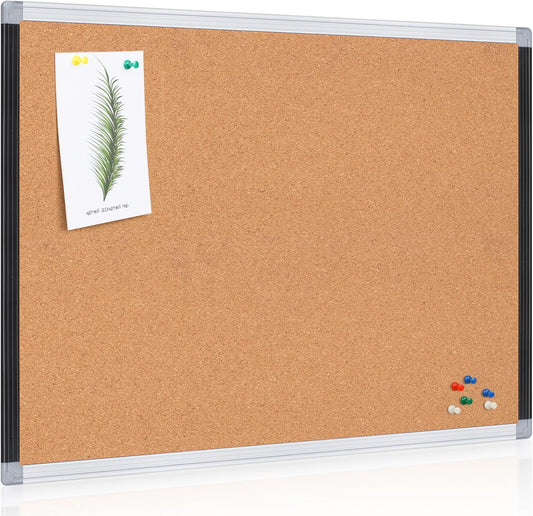 Board2by Cork Board Bulletin Board 20" x 30", Black/Silver Aluminium Framed Corkboard, Office Board for Wall Decor, Large Wall Mounted Notice Pin Board with 18 Push Pins for School, Home & Office