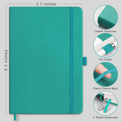 RETTACY Bullet Dotted Journal Notebook, 2-Pack, 160 Numbered Pages per Pack, A5 Medium Size (5.7'' x 8.3''), 120 GSM Thick Paper, Leather Hardcover, for Bullet Journaling (Black & Cyan)