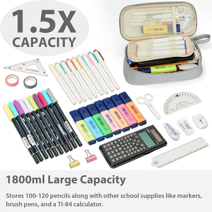 Pencil Case Pouch Box Bag School Supplies Girls Boys Kids, Cute Preppy Stuff Large Big Capacity Aesthetic Pen Organizer, Back to College Stationary, Light Gray, Standard Stlye, 1800ml