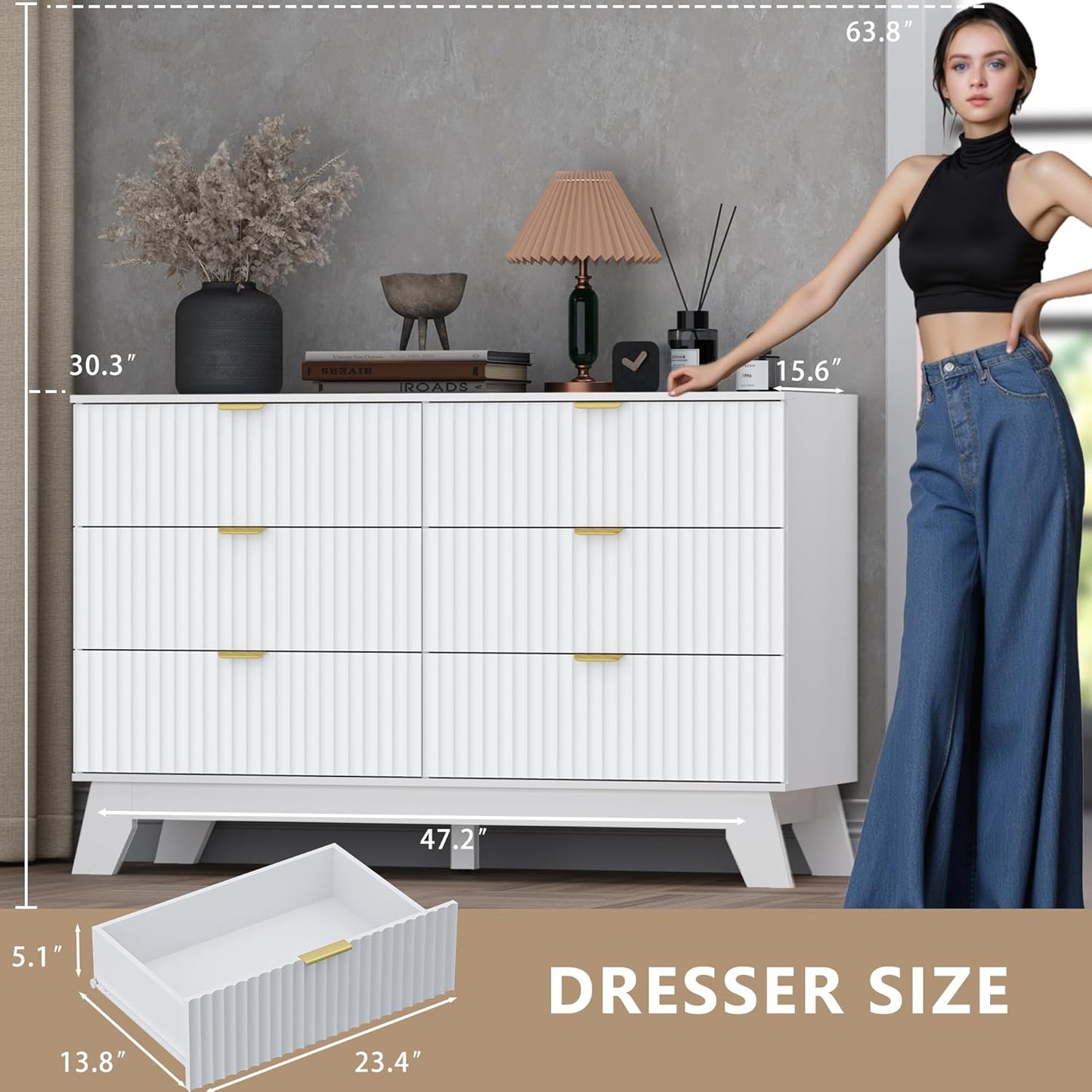 Fluted 6 Drawer Dresser, 47.2" Wide Modern Boho Chest of Drawers, Wooden Storage Dresser TV Stand for Bedroom, Living Room, Closet, Hallway, Curved Profile Design