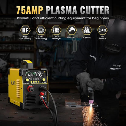 SILATU 75Amps Plasma Cutter, STC750P HF Non-Touch Pilot Arc Plasma Cutter Machine, 110/220V Dual Voltage Large LED Display Air Sensor Technology, 1'' Max Cutting Thickness, PT/2T/4T for Beginners DIY