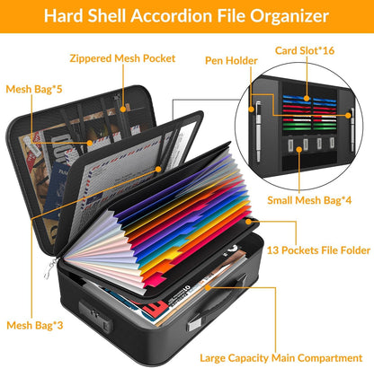 Hard Case Fireproof Document Box, Important File Organizer with Lock Waterproof Zipper, Portable Home Office Travel Storage Accordion Folder for Letter A4 Laptop Files