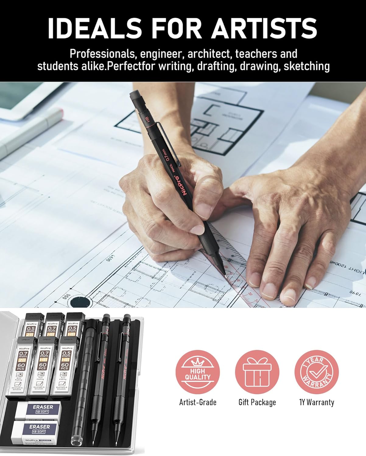 Nicpro 0.5 mm & 0.7 mm Mechanical Pencil Set with Case, MP2000 Metal Artist Mechanical Pencil With 6 Tube HB 2B Lead Refills, Eraser, Weatherproof Barrel for Outdoor Writing Drafting Sketching