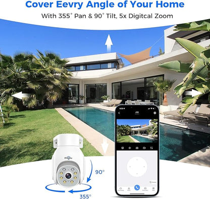 Hiseeu Wireless Camera Outdoor, 5MP WiFi Security Camera Color Night Vision, Pan/Tilt, Auto Tracking, Motion Detection, Siren/Light Alarm, 2-Way Audio, IP66 Waterproof, No Monthly Fee