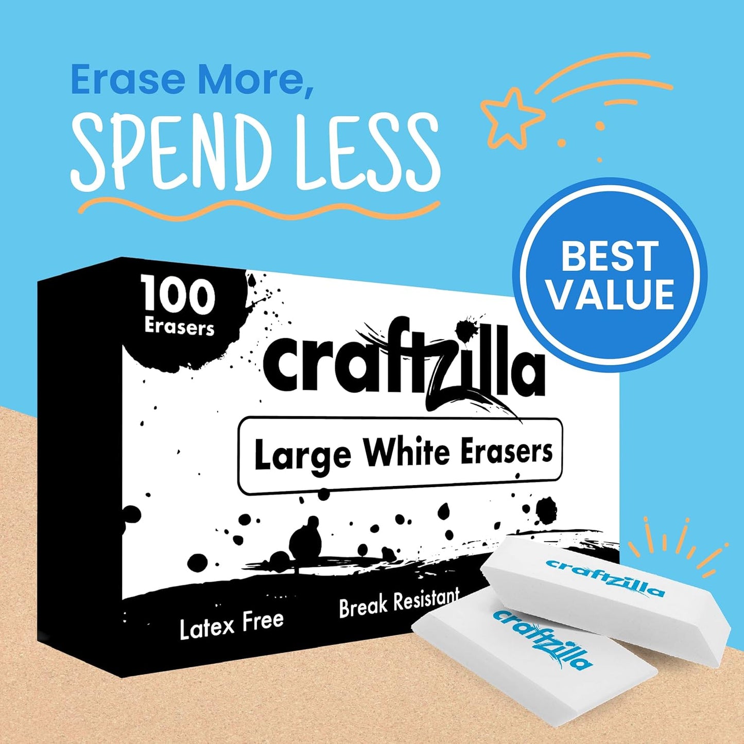 White Erasers Bulk 100 Pack - Large Latex- Free Bulk Erasers for Kids, Classroom, and School Supplies - Ideal for Pencils and Drawing - Borradores Escolares