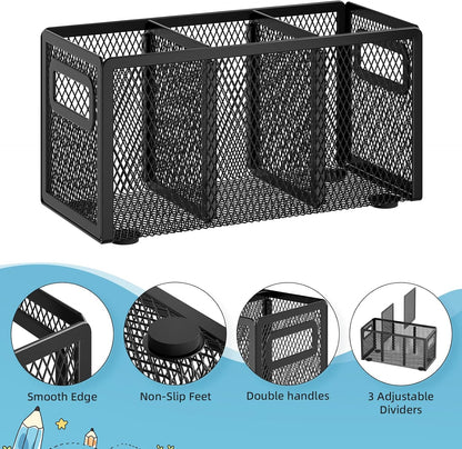 Marbrasse 2P Mesh Pen Holder for Desk,Pencil Holder Desk Organizer 3 Adjustable Compartments,Pencil Cup with Handle Perfect for Classroom, Office, Home,Makeup,Art (Black)
