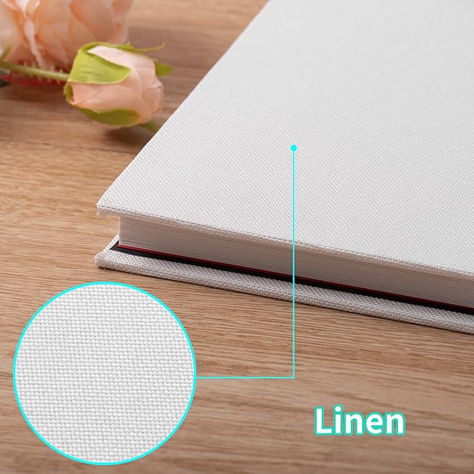 Large Photo Album Self Adhesive 4x6 5x7 6x8 8x10 Pictures Scrapbook Magnetic Album DIY Scrap Book 60 Sticky Pages Linen Cover DIY Photo Album with A Metallic Pen and DIY Accessories(White)
