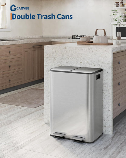 GarveeHome 2 x 8 Gallon Stainless Steel Double Trash Can with Lid for Kitchen, Large Dual Trash and Recycle Bin Combo, Step-on Kitchen Metal Garbage Cans, PP Inner Buckets, Liner Rim, Silver