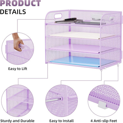 Marbrasse 4 Tier Paper Organizer Letter Tray - Mesh Desk File Organizer with Handle, Paper Sorter Organizer for Letter/A4 Office File Folder Holder (Purple, 12.6" x 9.1" x 10.7")