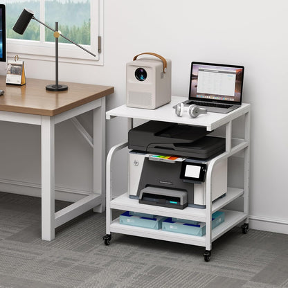 Printer Stand, 25.6" x 23.6" x 30.9" Extra Large Printer Table with Adjustable Storage Shelf, 3 Tier Rolling Printer Cart with Industrial Wheels for Home Office, White
