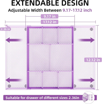 Marbrasse Expandable Desk Drawer Organizer, Mesh Drawer Organizer Tray with 10 Adjustable Compartments, Desk Organizers and Accessories for Office Supplies, Makeup & Vanity (Expandable-Purple)