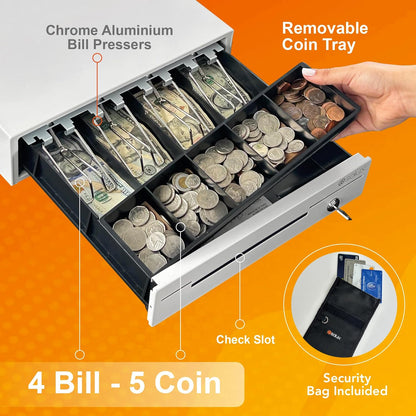 SOLUX 13" Cash Drawer - Cash Registers - Cash Register Drawer for POS - Square Cash Drawer for Small Businesses - Removable Coin Tray - 24V, RJ11/RJ12-Key Lock 4 Bill - 5 Coin, White