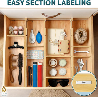 Bamboo Drawer Organizer - with Inserts & Labels, 17-22" - Adjustable Spring Loaded Kitchen Dividers for Utensils & Junk Storage - Expandable Silverware Separators for Organization