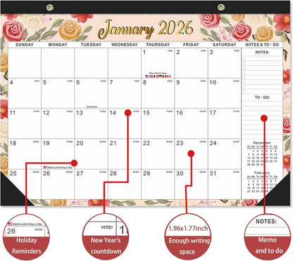 2026-2027 18-Month Large Desk Calendar with 2 Stickers & Hanging Rope - 17"x12" Watercolor Floral Desktop or Wall Calendar | Holiday Marks & Year Countdown | for Office, Homeschool, Teacher Planning (Jan 2026 - Jun 2027)
