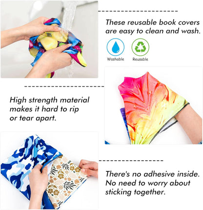 feela 12 Pack Jumbo Fabric Book Covers, Stretchable Washable Durable Reusable Nylon, for Hardcover Textbooks Notebooks up to 9'x11', 12 Patterns