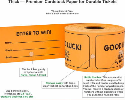Tacticai 250 Raffle Tickets, Orange (1 of 8 Colors), Raffle Cards, Entry Form with Name, Phone & Email for Events, Fundraiser & Prizes