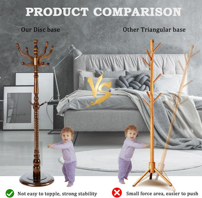 Coat Racks FreeStanding with 11 Hooks, Natural Wood Coat Rack with Solid Round Base, Adjustable Height Coat Racks, Easy Assembly for Hallway, Bedroom and Office (Walnut-Solid Round Base)