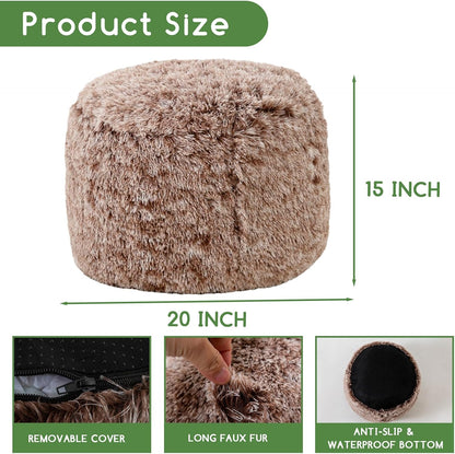 HIGOGOGO Round Stuffed Pouf Ottoman, Long Faux Fur Poufs with Foam Chunk Filling, Fluffy and Furry Pouf Foot Stool Storage Ottoman, 20 X 15 Floor Poufs Foot Rest for Living Room, Snow Coffee