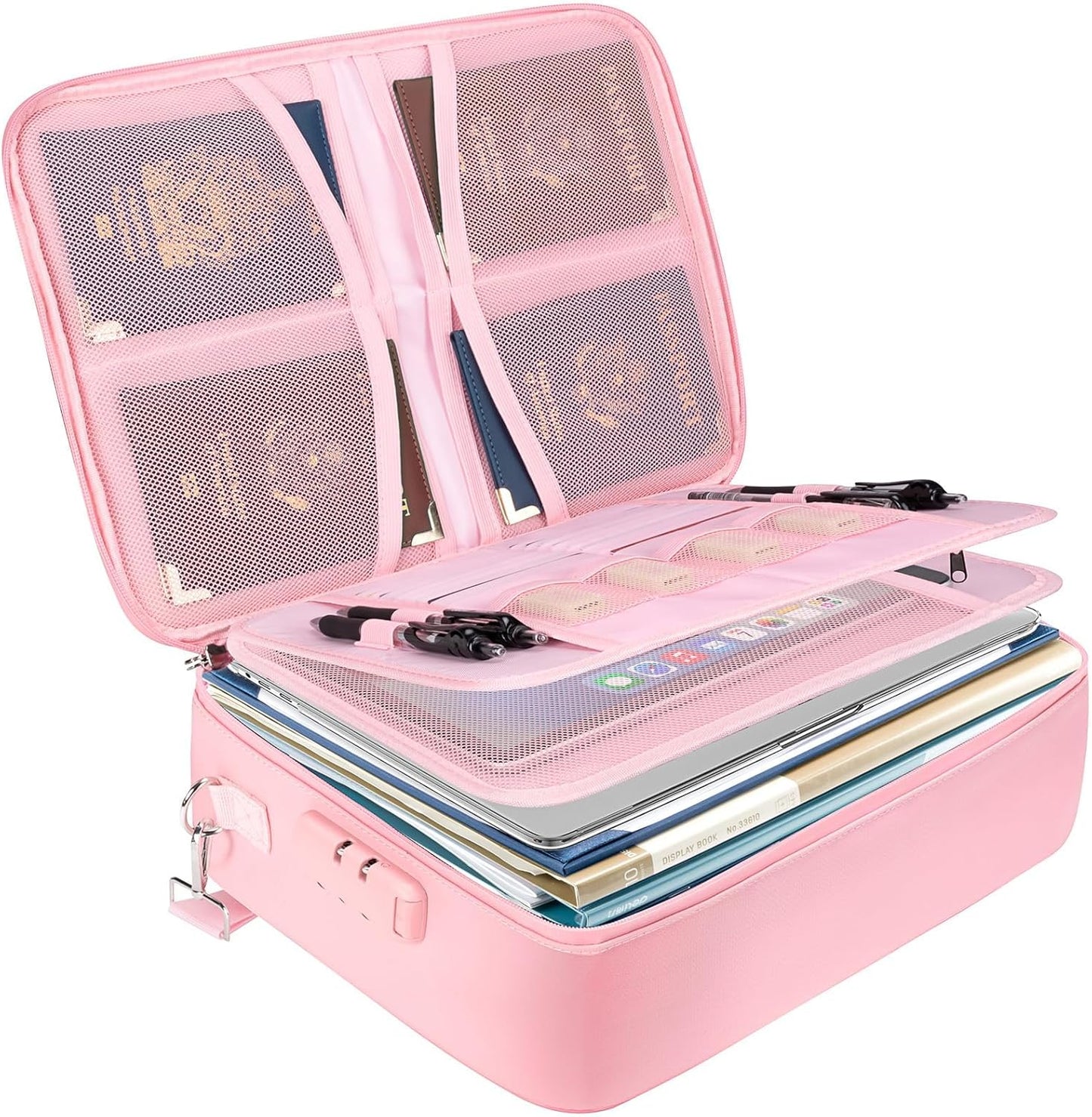 BALEINE Fireproof Document Box with Lock, Portable Fireproof Document Bag Waterproof Fire Proof File Boxes for Documents, File Organizer Box for Important Paperwork (Pink, 15''x11''x4'')