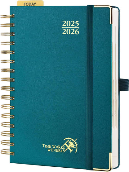 POPRUN Academic Daily Planner 2025-2026 One Page A Day - [5.75" x 8.5"- Spiral Hard Cover], Appointment Book (July 2025 - June 2026) with Monthly Calendar - Pacific Green