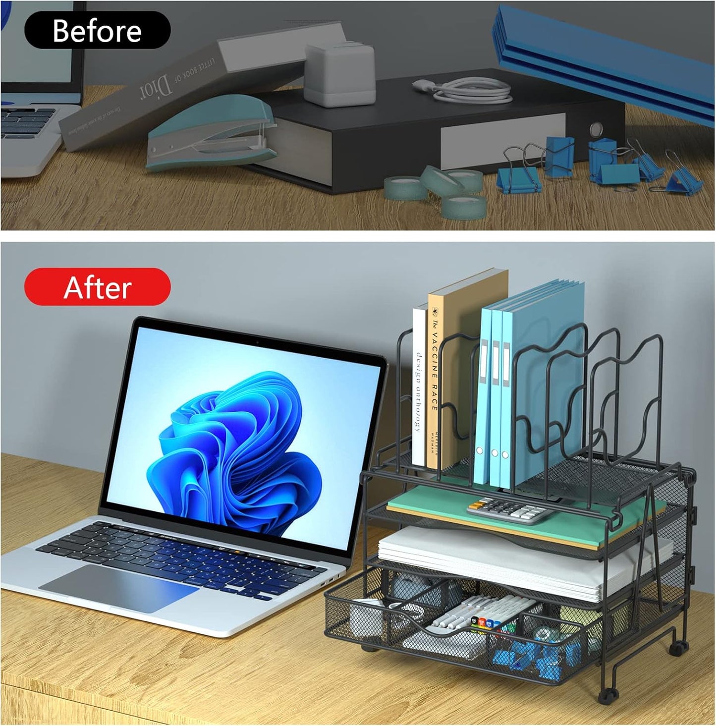 Mesh Desk Organizer, 3-in-1 Desktop Organizer with 3 Tier Tray and 5 Upright Sections, File Organizer for Desk with Sliding Drawer, Black