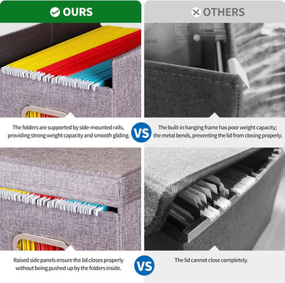 4 Pack Hanging File Folders Organizer with Lid, Letter Size Fabric File Storage Box Collapsible, Portable Office Document Holder with Metal Handle, Smooth PVC Rails, Gray