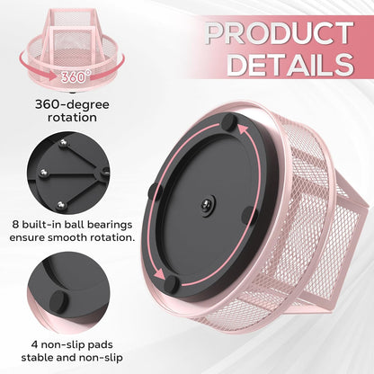 YINGHUA Metal Mesh Desk Organizer with 5 Compartments and Rotating Pencil Holder Pen and Stationery Organizer for Office Home School Anti Slip Base Pink