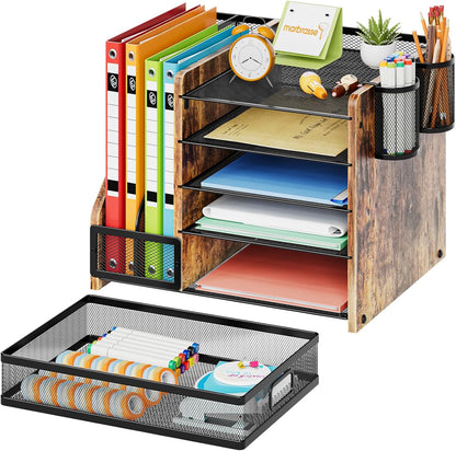Marbrasse Desk Organizer with File Holder, 5-Tier Paper Letter Tray Organizer with Drawer and 2 Pen Holder, Mesh Desktop Organizer and Storage with Magazine Holder for Office Supplies (Wood-Brown)