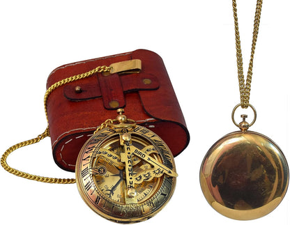 Vintage Brass Sundial Compass with Leather Case - Antique Brass & Copper Sun Clock for Camping, Hiking, Touring - Engraved Gift for Him - Nautical Ship Replica Watch - Sundial Clock in Box
