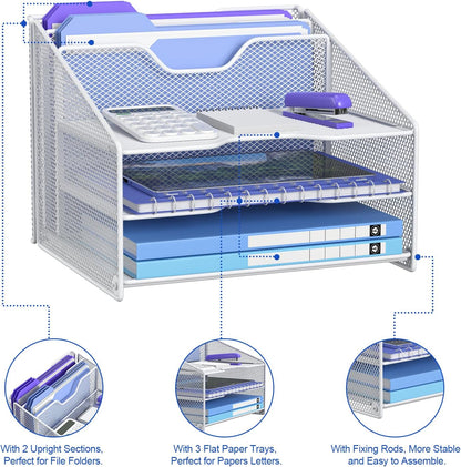 samstar White Desk File Organizer, Mesh Letter File Folder Holder with 3 Paper Trays and 2 Vertical Upright Section, for Office Supplies, Desk Accessories & Workspace, White