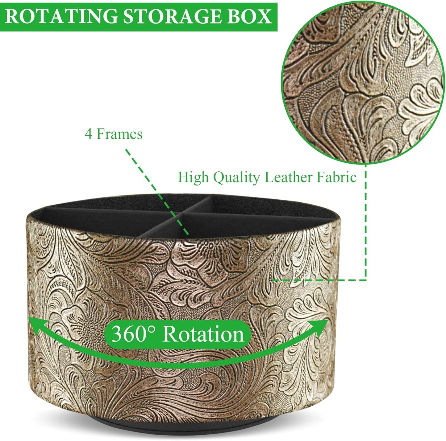 lizimandu Round Leather Art Supply Organizer,Remote Control Holder,360 Degree Spinning,Multi-Functional Pencil Holder,4 Compartments Desktop Stationary Organizer(1-Gold)