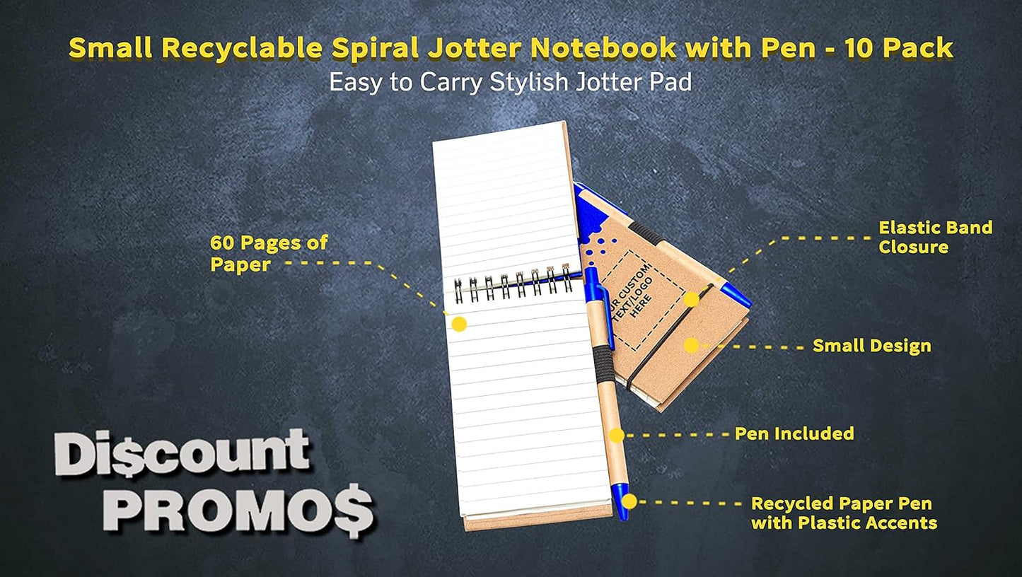 DISCOUNT PROMOS 10 Recyclable Spiral Small Notebooks Pack - Customizable Text, Logo - 60 Lined Pages - Blue