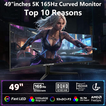 49 Inch Curved Ultra Wide Gaming Monitor, 5K (5210x1440P), 144Hz/165Hz 1500R, 32:9 127% sRGB, FreeSync, Height Adjustable Screen Monitor, HDMI 2.1 And DP 1.4, Supports Wall Mounted Installation