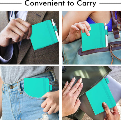 feela 6 Pack Pocket Small Notebooks Bulk, Mini Cute Memo Notepads Hardcover College Ruled Lined Journals with Pen Holder for Women Girls Office School, with 6 Black Pens, 3.5”x 5.5”, A6, Aqua