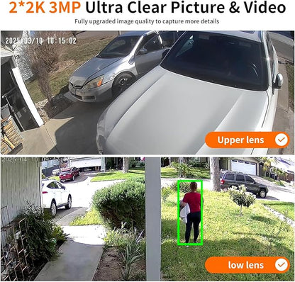 Dual Lens Security Cameras Wireless Outdoor，Solar Cameras for Home Security，Motion Detection,Night Vision,No Month Fee,IP65 Water Proof