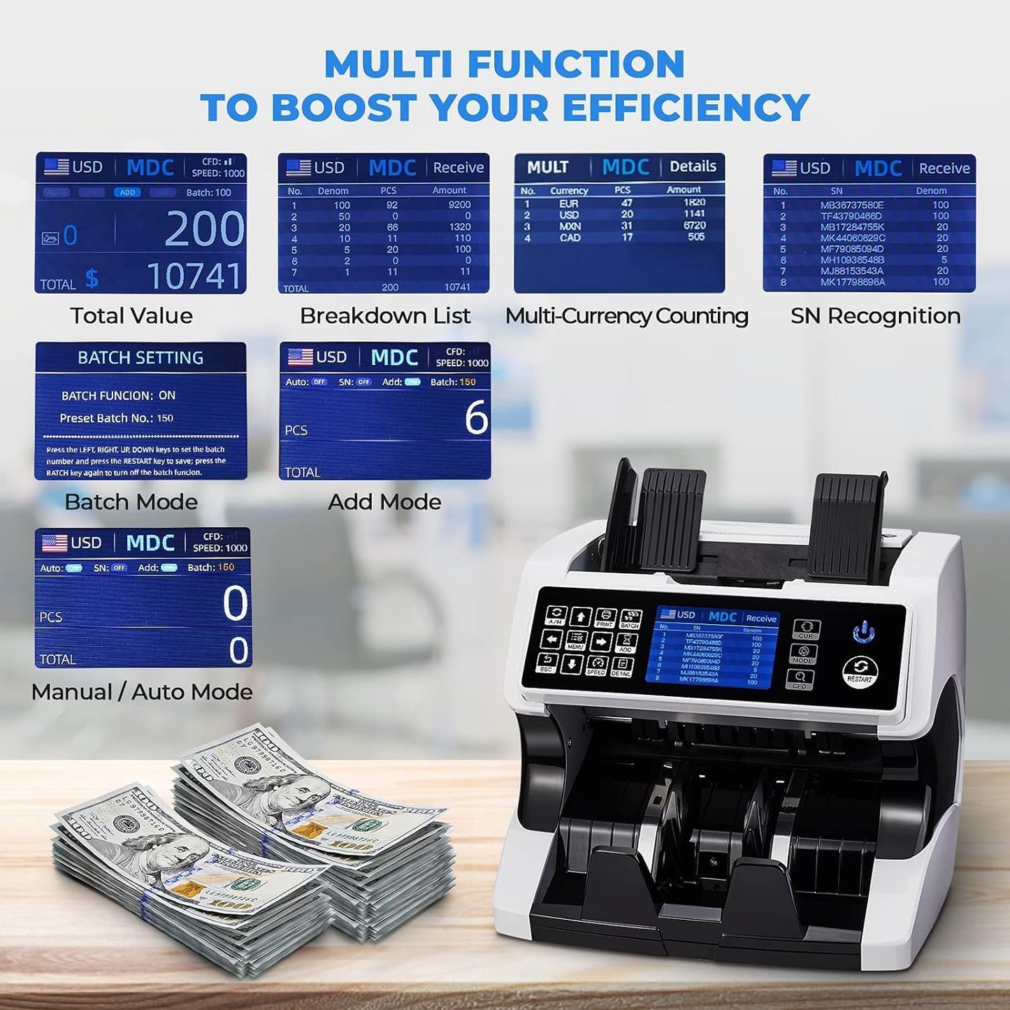 MUNBYN Bank Grade Money Counter Machine Mixed Denomination with External Display+Printer in One, Value Counting, Serial Number, Multi Currency, 2CIS/UV/IR/MG/MT Counterfeit Detection, 2Y Warranty