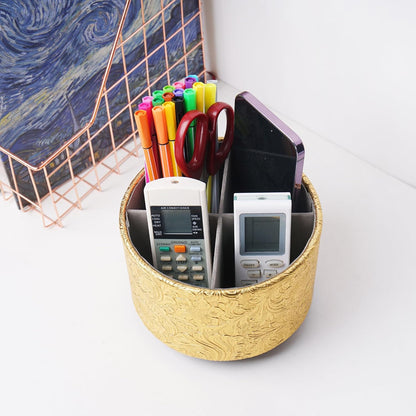 lizimandu Round Leather Art Supply Organizer,Remote Control Holder,360 Degree Spinning,Multi-Functional Pencil Holder,4 Compartments Desktop Stationary Organizer(1-Carved Gold)