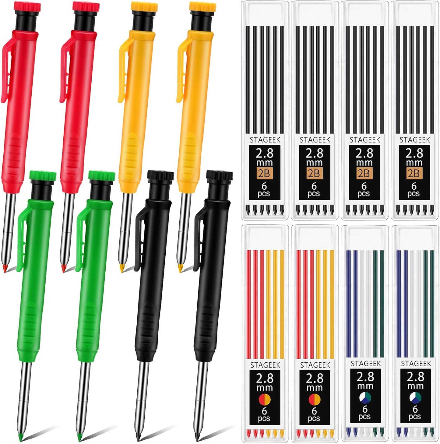 8 pack 2.8mm Mechanical Carpenter Pencils with 48 Refills, Construction Pencils with Built-in Sharpener, Long Nib Deep Hole Marker, Heavy Duty Woodworking Tools(Black+yellow+red+green)