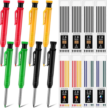 8 pack 2.8mm Mechanical Carpenter Pencils with 48 Refills, Construction Pencils with Built-in Sharpener, Long Nib Deep Hole Marker, Heavy Duty Woodworking Tools(Black+yellow+red+green)