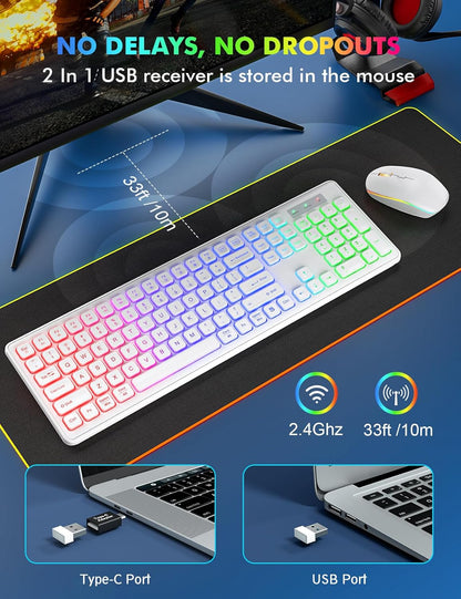 Wireless Keyboard and Mouse - RGB Backlit, Rechargeable & Light Up Letters, Full-Size, Ergonomic Tilt Angle, Sleep Mode, 2.4GHz Quiet Keyboard Mouse for Mac, Windows, Laptop, PC, Trueque(White)