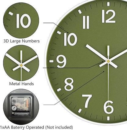 Wall Clocks Battery Operated, 12 Inch Non Ticking Wall Clock, Silent Analog Clock for Bedroom Living Room Kitchen Office Gym Classroom Decor, Large Number Clocks for Seniors, Olive Green