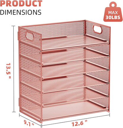 Marbrasse 6 Tier Paper Organizer Letter Tray - Mesh Desk File Organizer with Handle, Paper Sorter Organizer for Letter/A4 Office File Folder Holder - Rose Gold