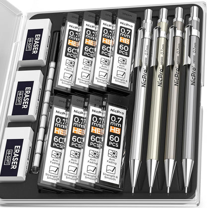 Nicpro 4 Pack Mechanical Pencil 0.7mm with Case, MB1000 Metal Mechanical Pencil Set with 8 Tube HB #2 Lead Refill 0.7 mm, 3PCS 4B Eraser, 9 Cap Eraser for Artist Drafting Writing, Sketching, Drawing