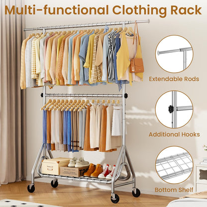 Double Rods Clothing Rack, Heavy Duty Clothes Rack for Hanging Clothes Load 560LBS, Metal Rolling Garment Racks with Wheels, Freestanding Clothes Hanging Racks, Silver