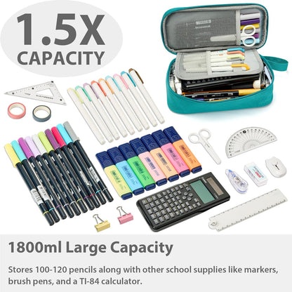 Pencil Case Pouch Box Bag School Supplies Girls Boys Kids, Cute Preppy Stuff Large Big Capacity Aesthetic Pen Organizer, Back to College Stationary, Teal, Classic Stlye, 1800ml