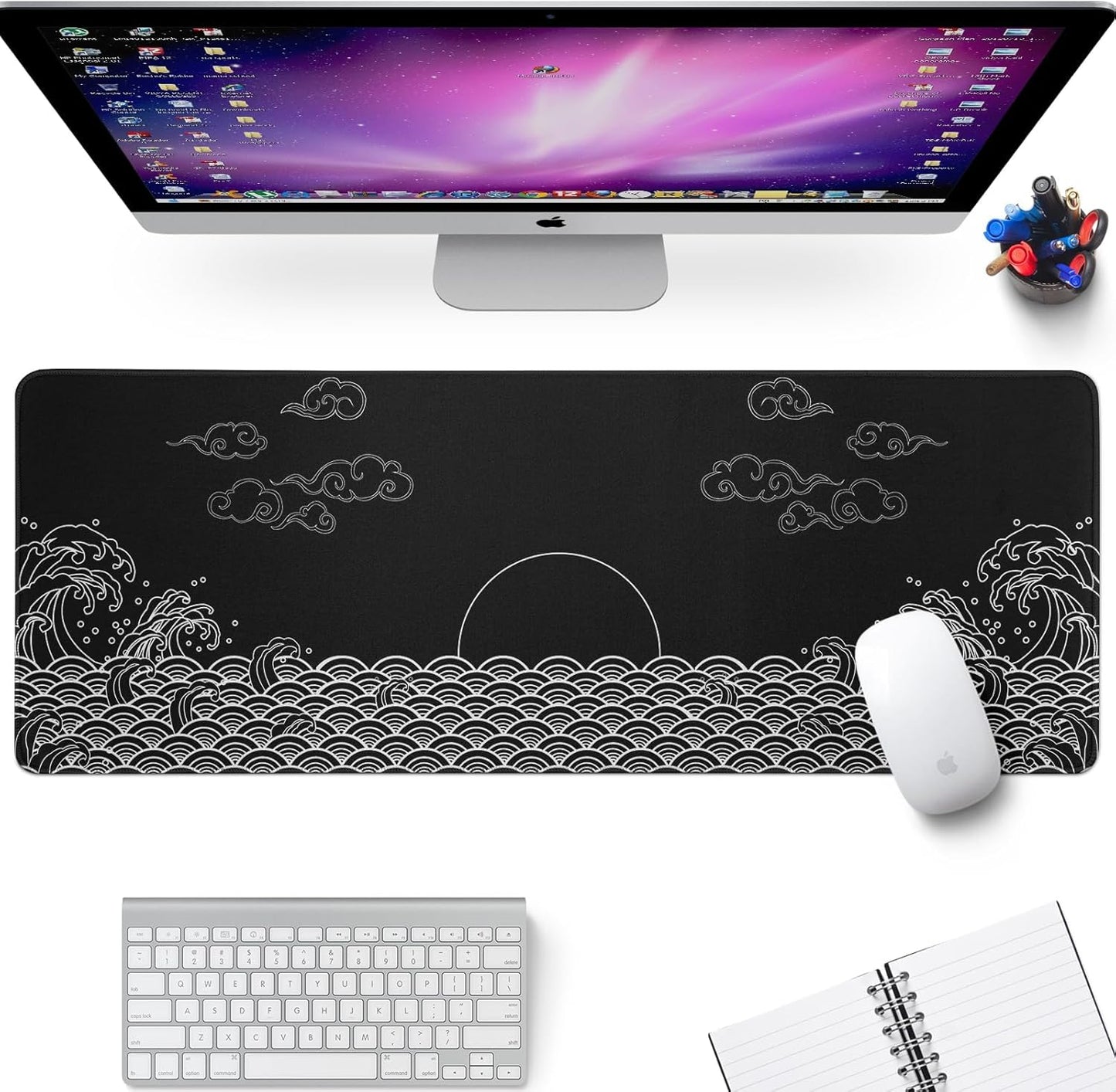 Japanese Sea Wave Gaming Mouse Pad Black Large Anime Mousepad Extended Mouse Mat 31.5''x11.8'' 3mm Thick Non-Slip Rubber Base Big Desk Pad for Office