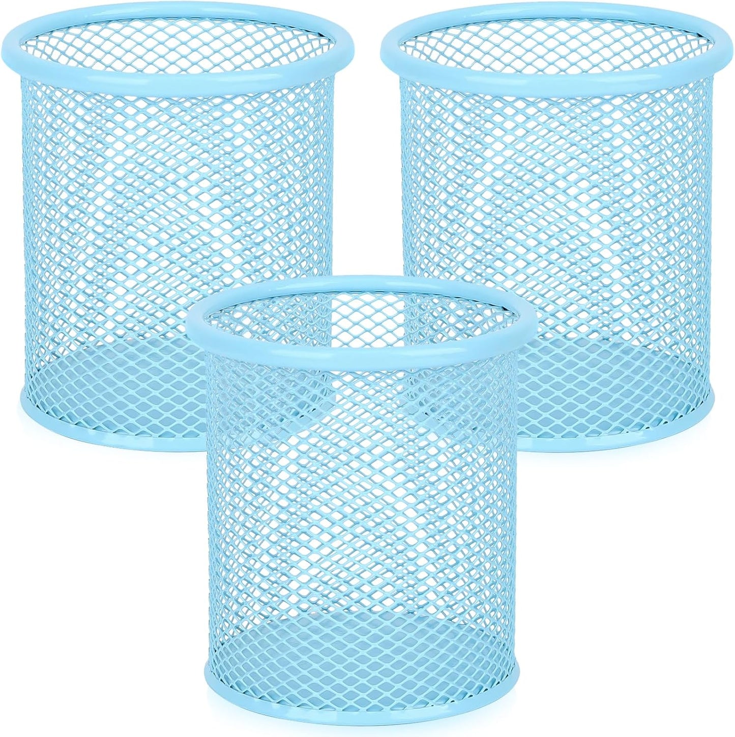 Segarty Pencil Holder, 3 Pack Light Blue Pen Holder, Pencils Cups for Desk, Round Mesh Pens Container Organizer for Office Supplies, School Classroom, Makeup Brush, Home Storage