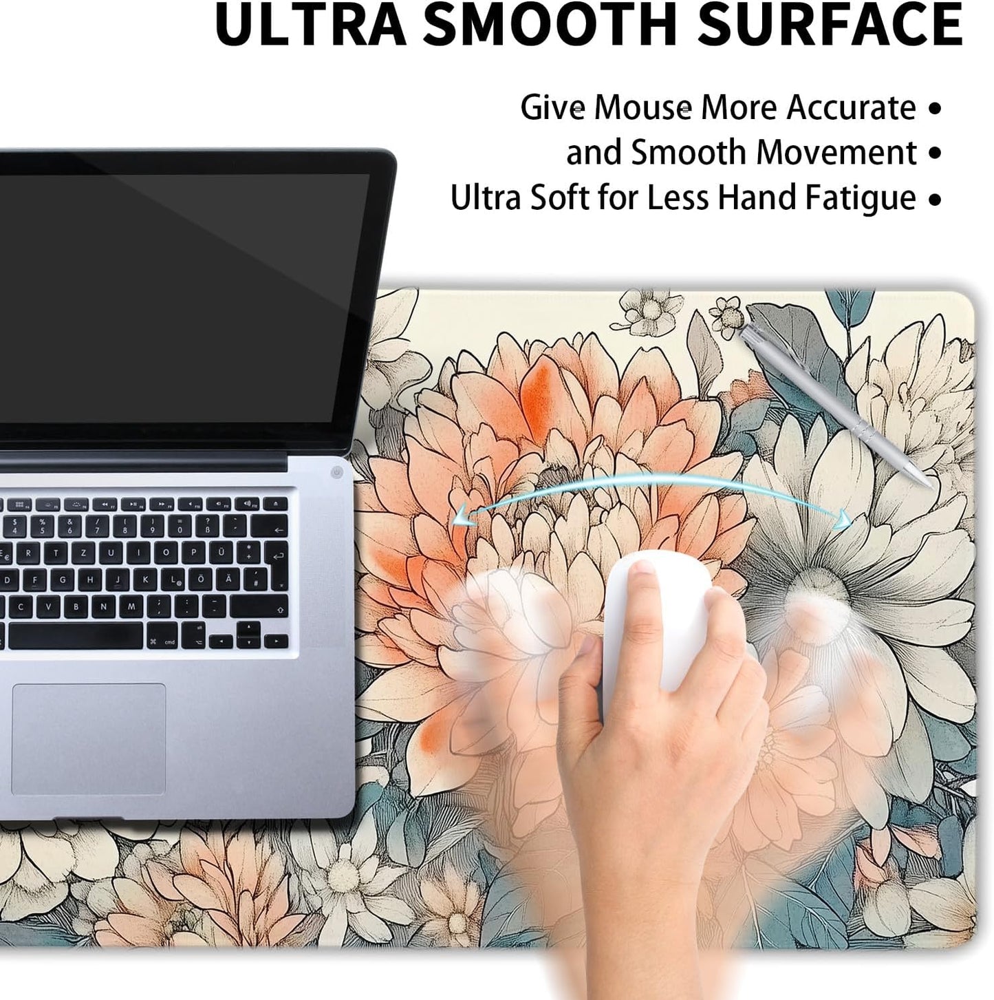 Japanese Aesthetic Floral Gaming Mouse Pad XXL Vintage Orange White Flowers Extended Large Mat Mousepad Desk Pad Non-Slip Rubber Base Stitched Edge Keyboard Pad Playmat for Computer,35.4×15.7 Inch