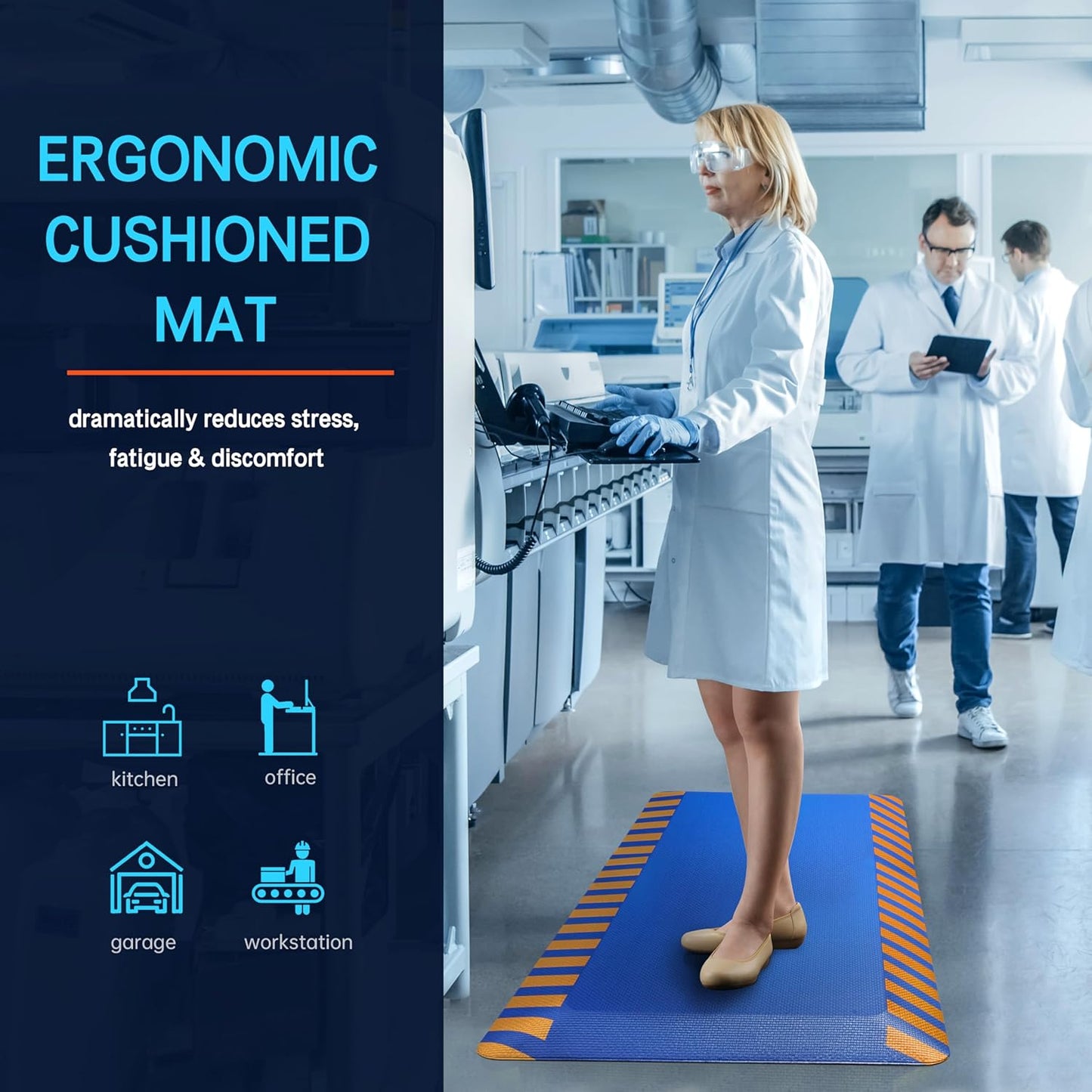 FEATOL Anti Fatigue Mats Industrial 2 Packs, Ergonomic Standing Floor Mat for Work for Stand, Blue with Yellow Border Safety 17" x 24"-Support for Leg & Back Pain