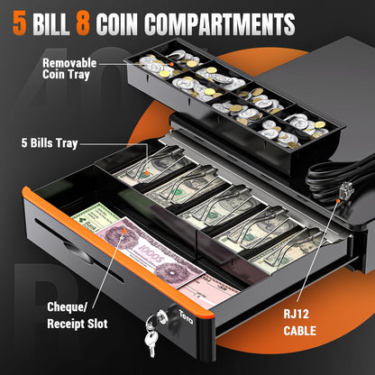 Tera 16 inch Auto Open Cash Drawer with Heavy Duty Insert Tray 5 Bill 8 Coin for POS System Removable Cash Tray Media Slot 24V RJ12 Key-Lock (Round Corner) for Small Business Retail 405R